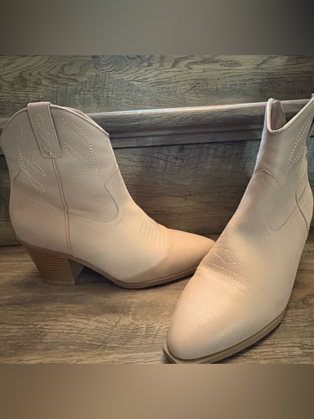 MIA Cream Western Ankle Booties with Low Stacked Heel